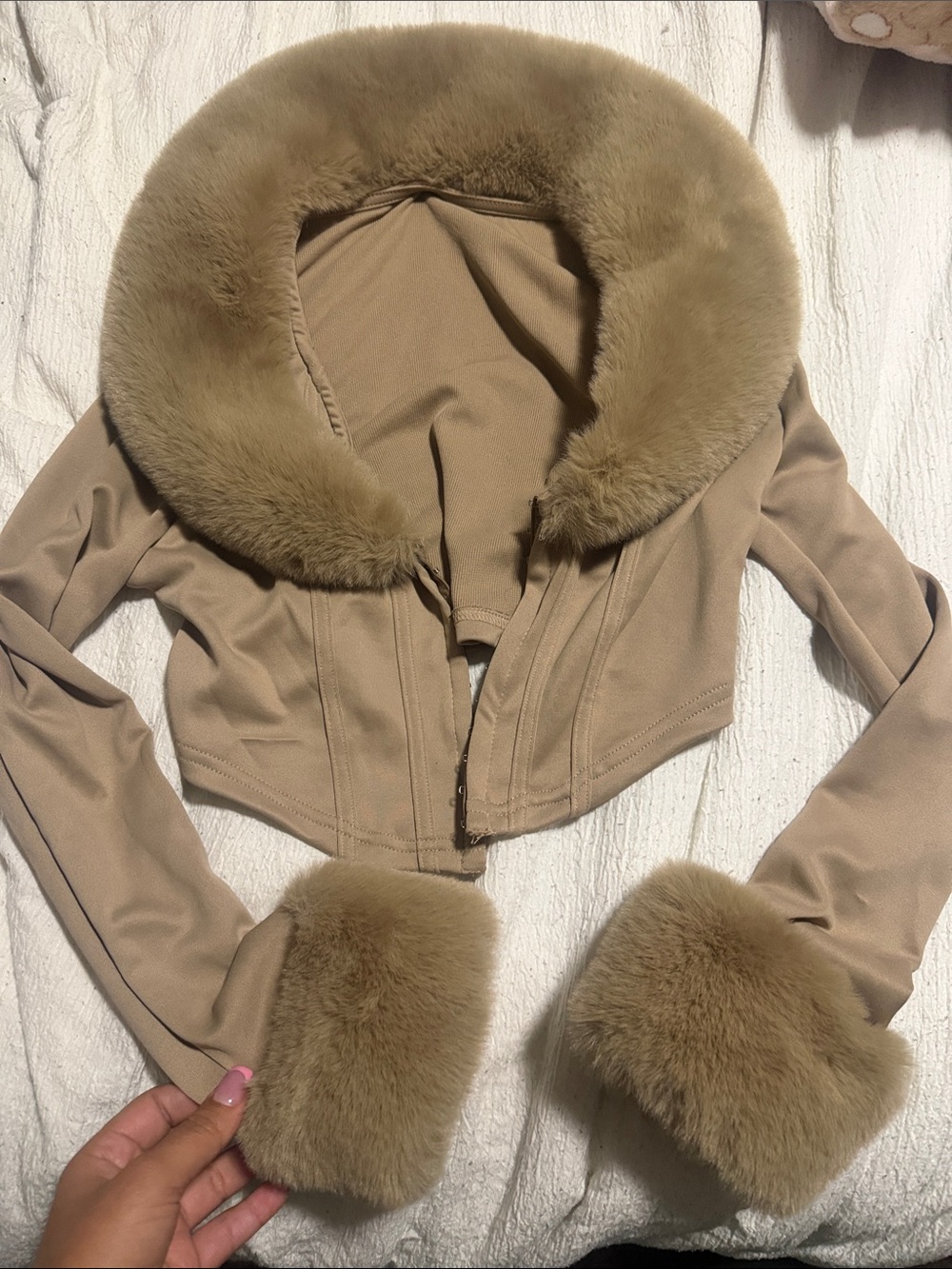 Fashion Nova Tan Cropped Teddy Jacket with Plush Fur Trim
